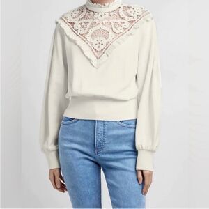 Express Lace Front Ruffle Trim Sweatshirt Sweater Ivory Large Victorian Country